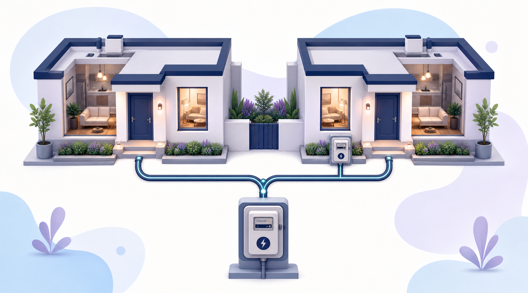 Tek ana sayaçtan eşit seviyede iki bağımsız kiracı bölümüne ayrılan elektrik hattı şeması