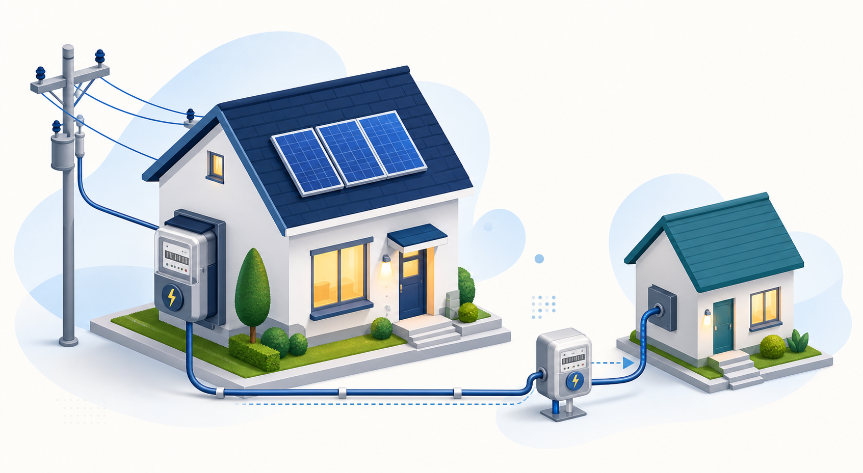 Ana elektrik sayacından beslenen ev ve sonradan ayrı süzme sayaç hattıyla bağlanan komşu evi şeması